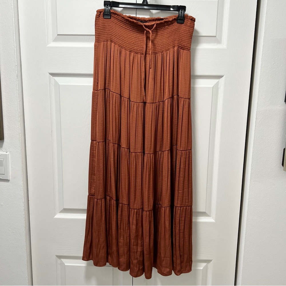 Zara Orange Boho maxi Skirt w smocked waist sz L
